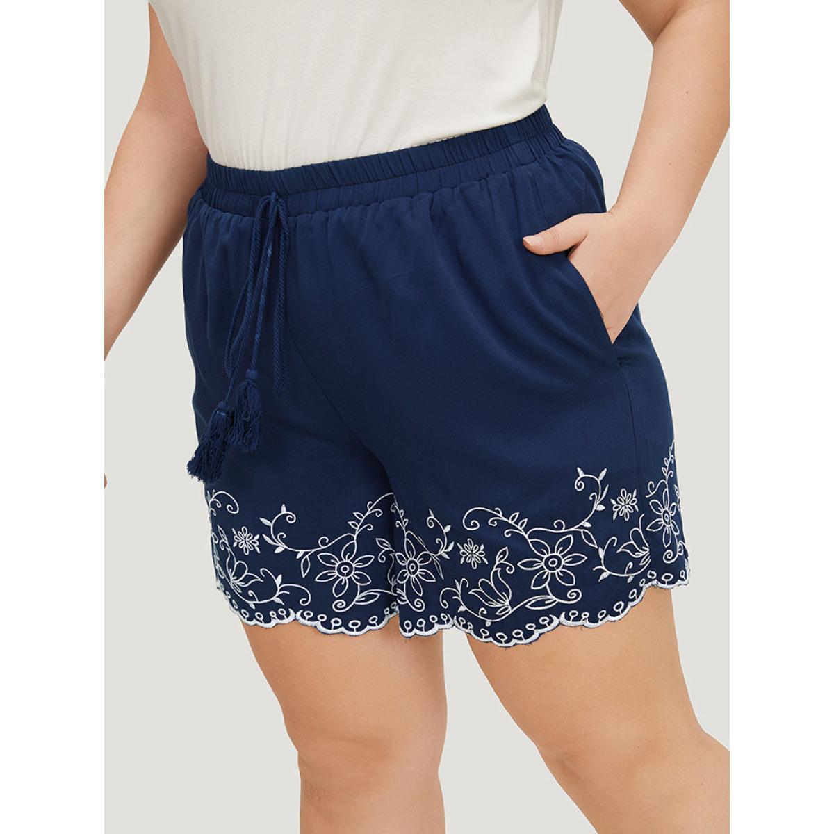Plus Size Floral Embroidered Pocket Knotted Lettuce Trim Shorts Women Indigo Vacation Knotted Dailywear Shorts BloomChic 12/L Product Image