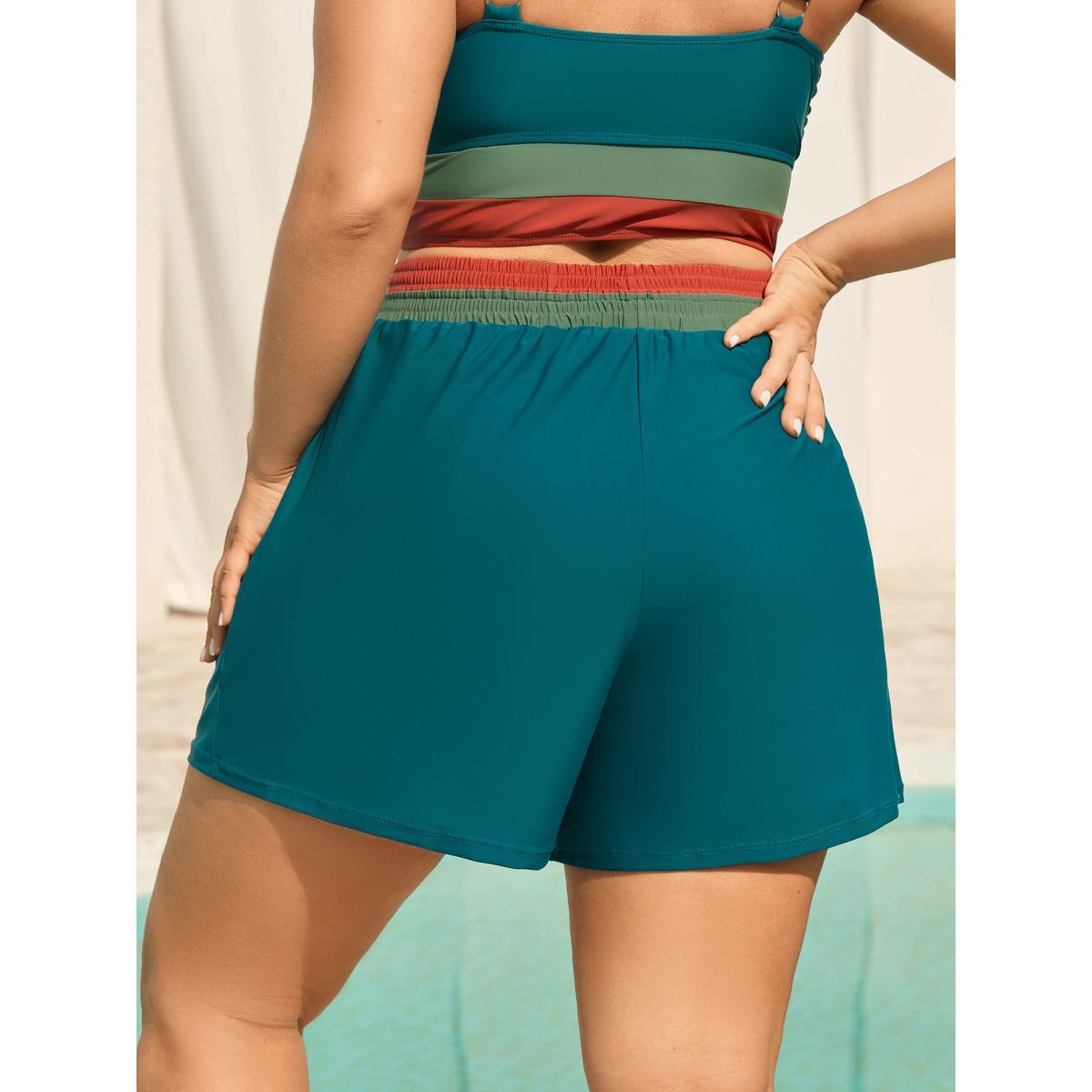 Plus Size Colorful Waistband Pockets Swim Bottoms Women's Swimwear Cyan Beach Contrast Low stretch Bodycon Mid Rise Side seam pocket Curve Swim Bottoms BloomChic 28/5X Product Image