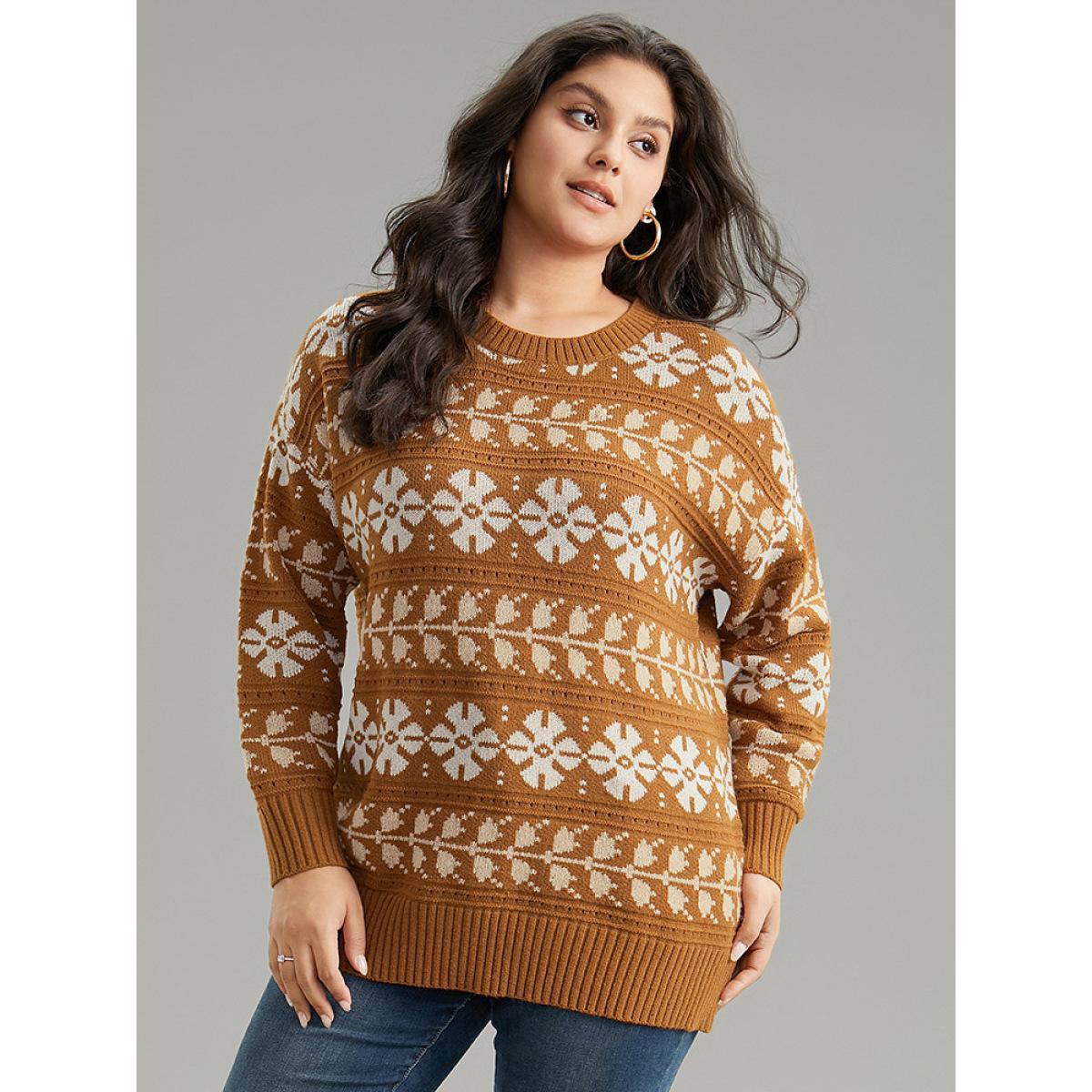 Plus Size Supersoft Essentials Anti-Pilling Geo Print Elastic Cuffs Pullover Chocolate Women Casual Loose Long Sleeve Round Neck Dailywear Pullovers BloomChic 22-24/3X Product Image