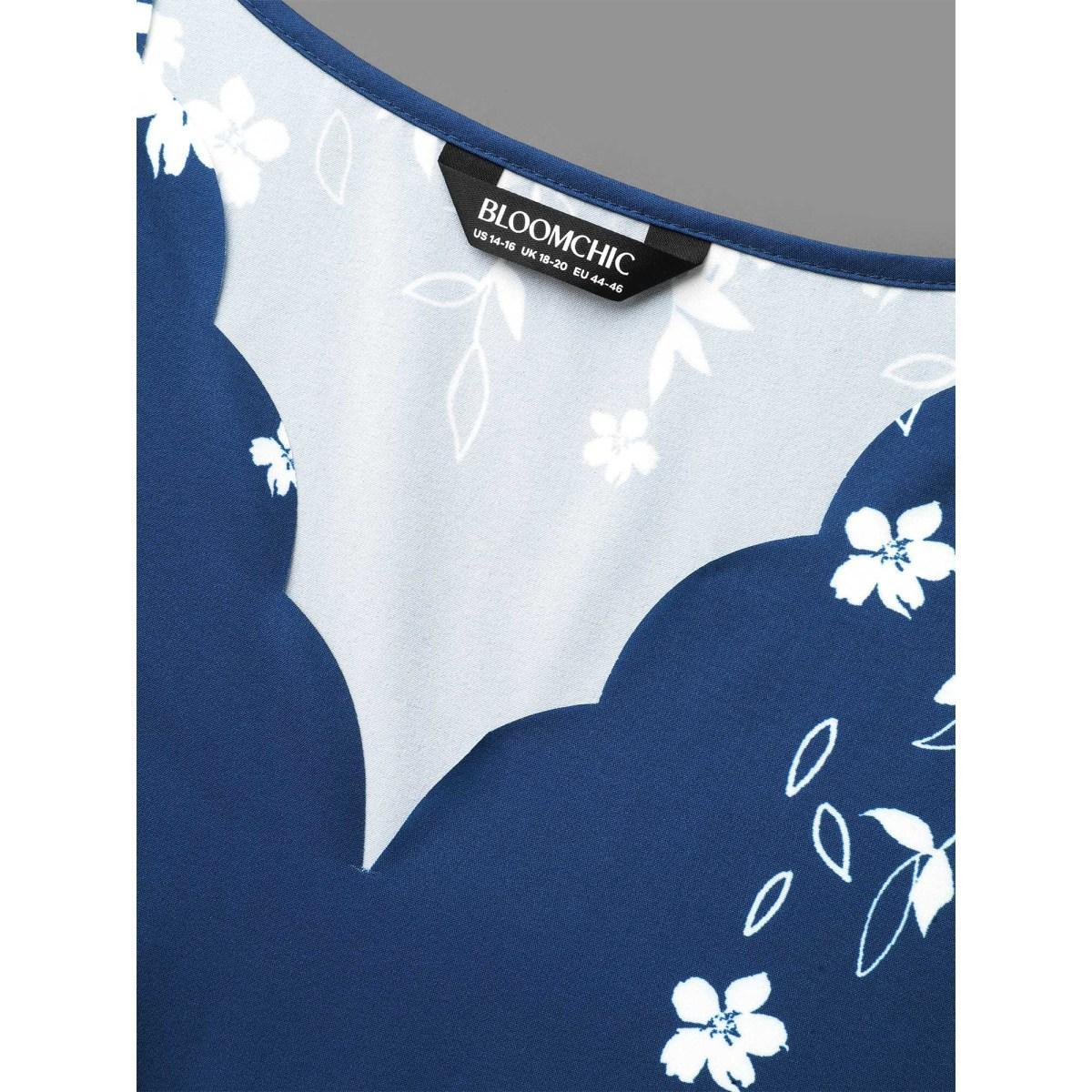 Plus Size Indigo Laser Cut Floral Boho Print Blouse Women Elegant Elbow-length sleeve V-neck Everyday Blouses BloomChic 18-20/2X Product Image