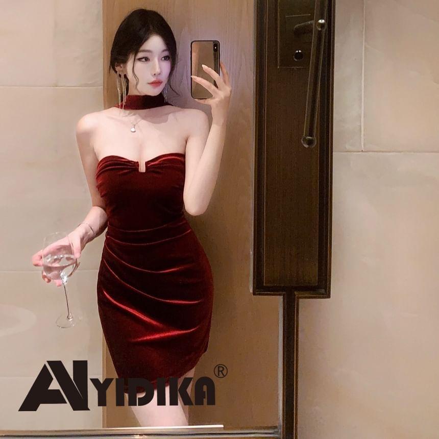 Halter Plain Ruched Velvet Mini Sheath Dress Product Image