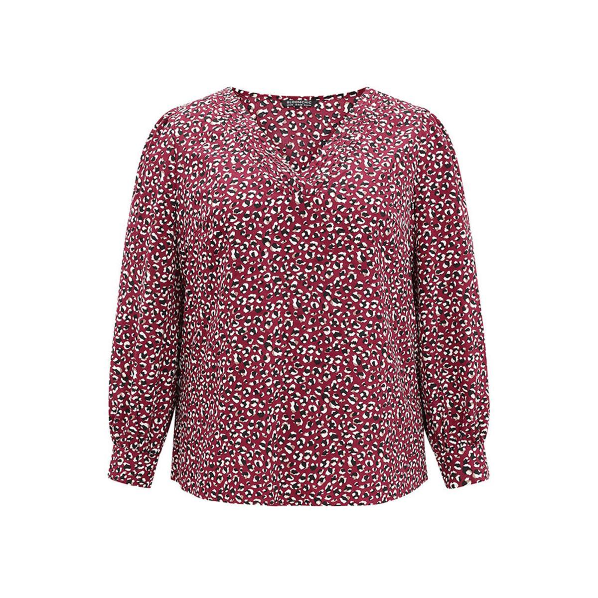 Plus Size Burgundy Allover Print V Neck Pleated Blouse Women Office Long Sleeve V-neck Work Blouses BloomChic 18-20/2X Product Image