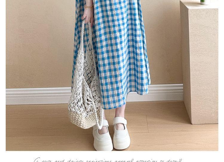 Maternity Round Neck Plaid Ruffle Trim Midi A-Line Dress Product Image