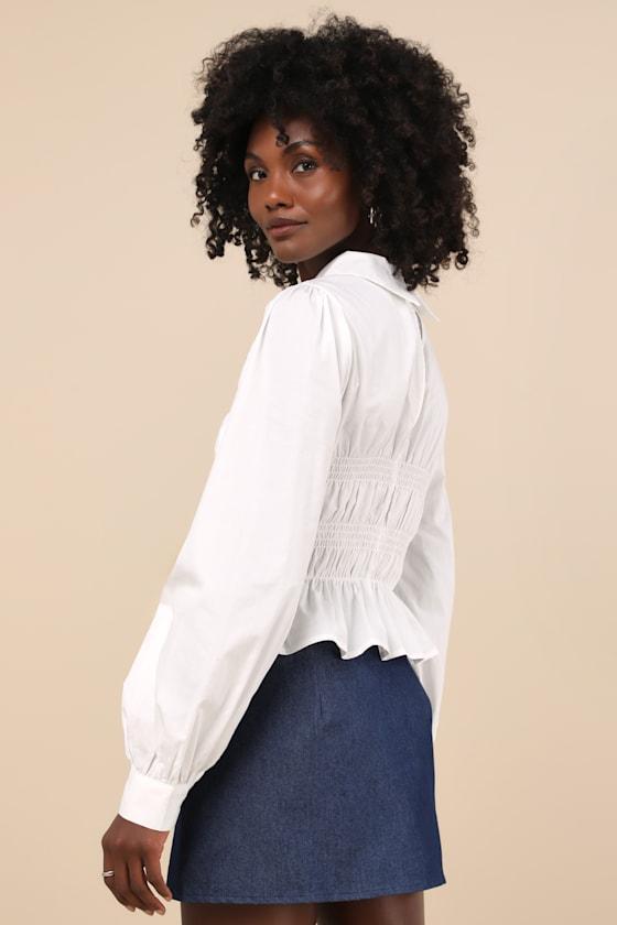 Poised Esteem White Cotton Smocked Collared Long Sleeve Top Product Image