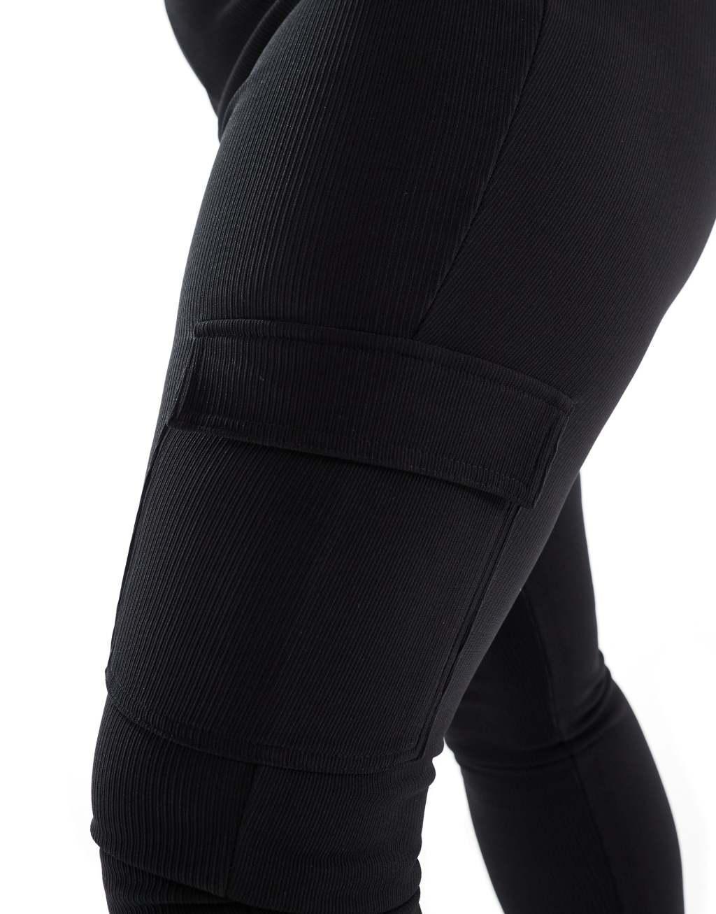 Yours ribbed cargo leggings in black Product Image