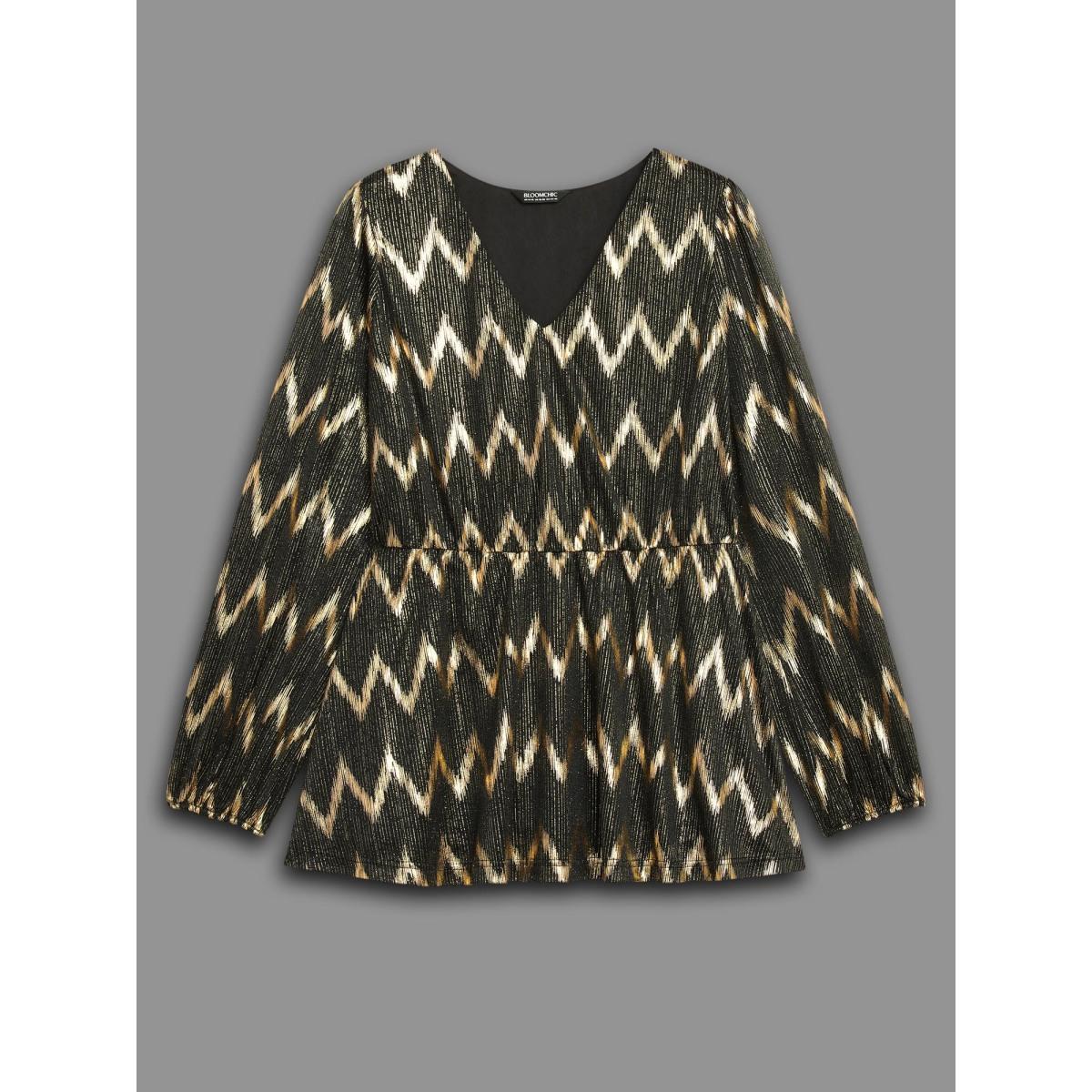 Plus Size Black Gold Shimmer Elastic Waist V-neck Blouse Women Cocktail Long Sleeve V-neck Party Blouses BloomChic 28/5X Product Image