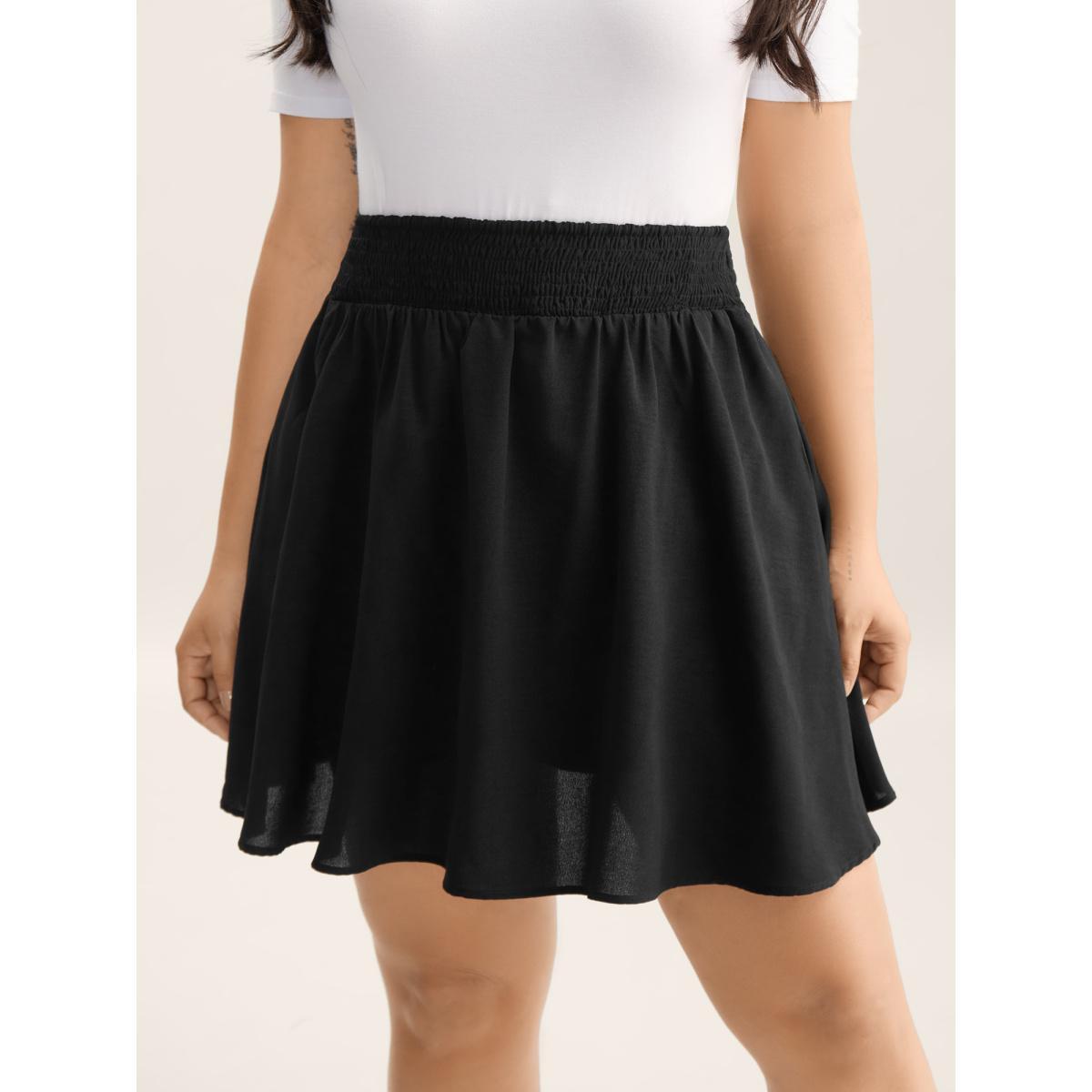 Plus Size Shirred Waist Pockets Flowy Mini Skirt Women Black No stretch Side seam pocket Everyday-Casual Skirts BloomChic 22-24/3X Product Image