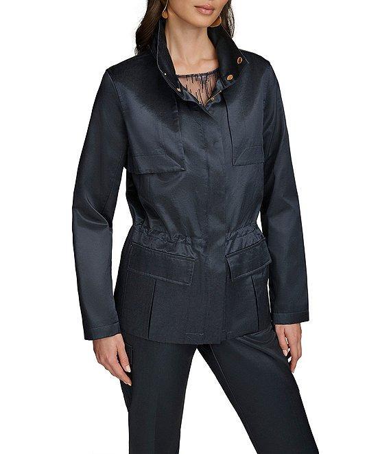 Donna Karan Satin Stand Collar Long Sleeve Cinched Waist Snap Front Short Trench Coat Product Image