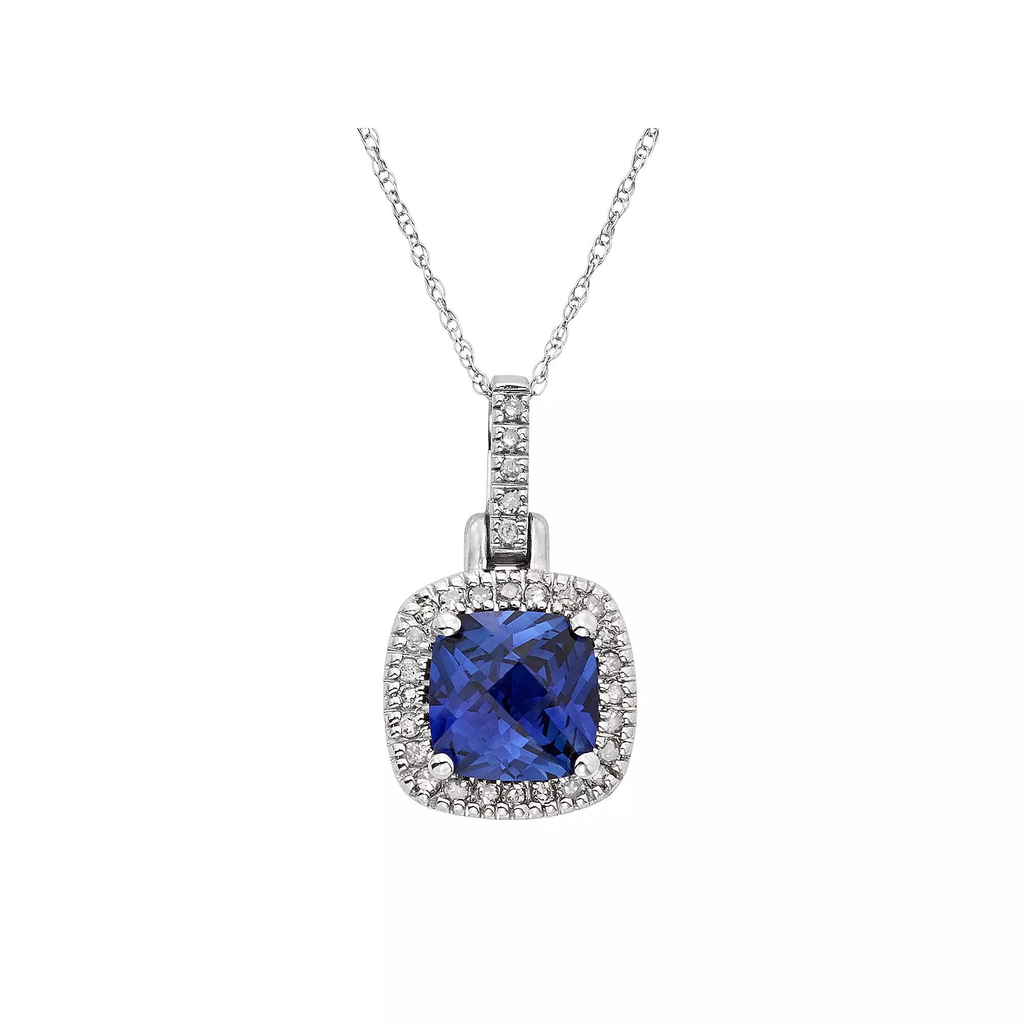 Lab-Created Sapphire & 1/8 Carat T.W. Diamond 10k White Gold Halo Pendant Necklace, Womens Blue Product Image