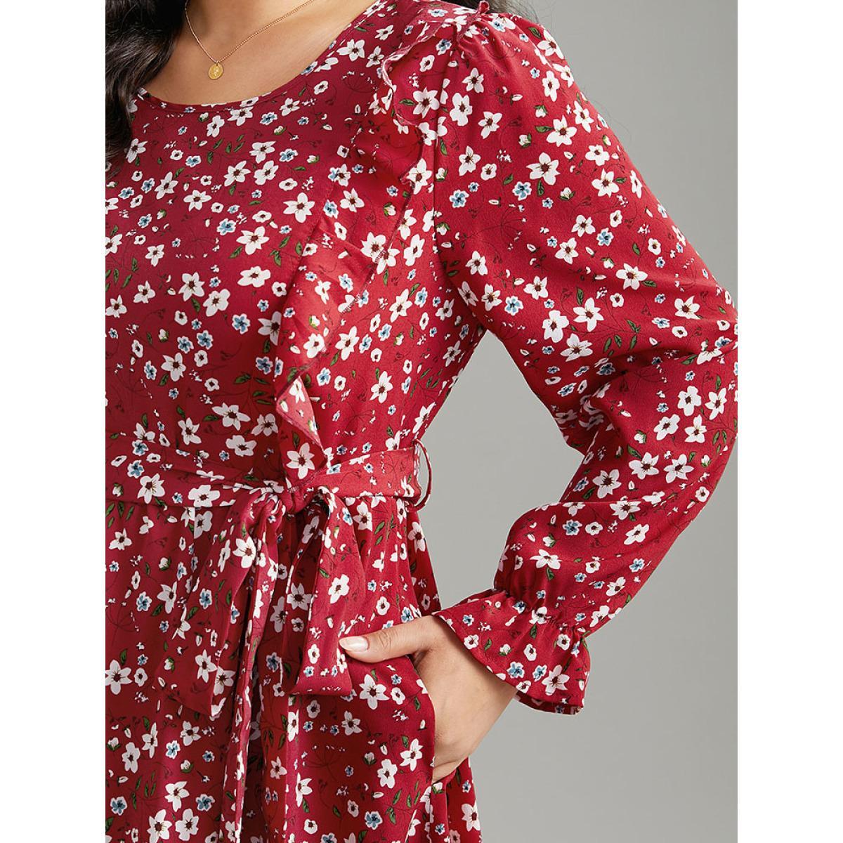 Plus Size Ditsy Floral Belted Ruffle Sleeve Dress Scarlet Women Elegant Belted Round Neck Long Sleeve Curvy Midi Dress BloomChic 12/L Product Image