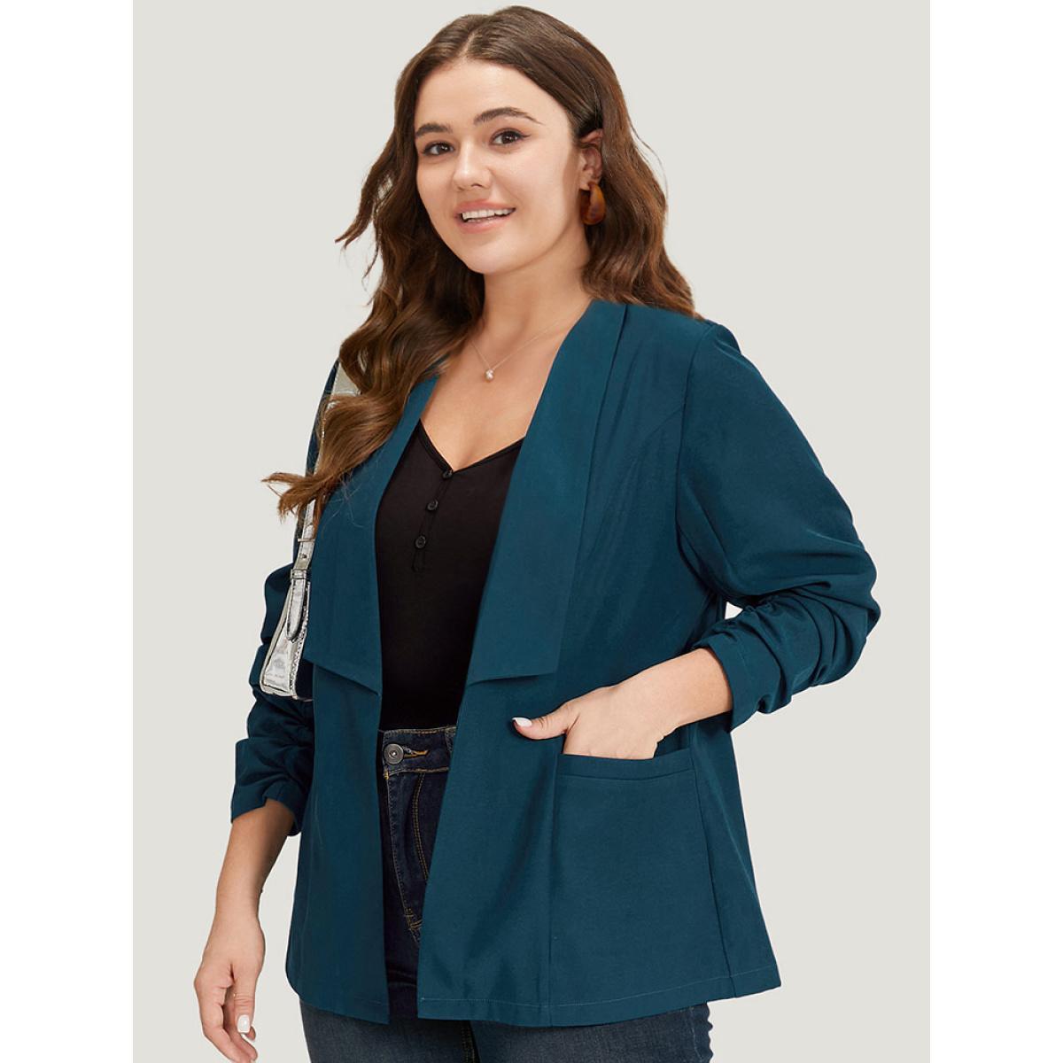 Plus Size Solid Lapel Collar Drape Pocket Ruched Cuffs Blazer Aegean Women Work Plain Drape Sleeve Long Sleeve Lapel Collar 26/4X Pocket Office Blazers BloomChic Product Image