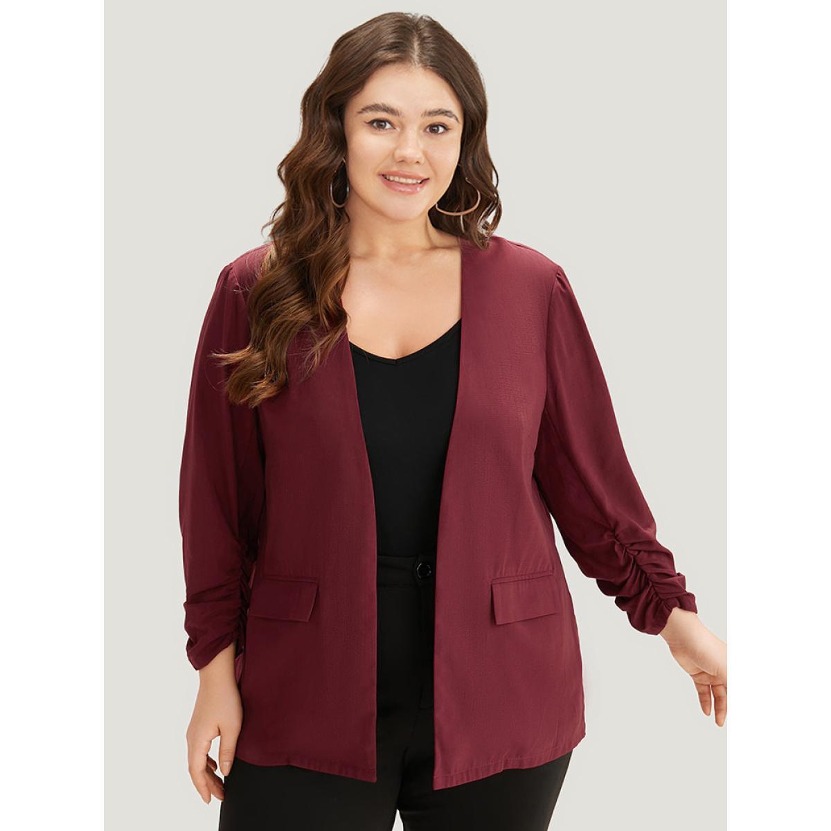 Plus Size Plain Pocket Open Front Gathered Blazer Scarlet Women Work Plain Elastic cuffs Sleeve Long Sleeve Open Front 18-20/2X Pocket Office Blazers BloomChic Product Image