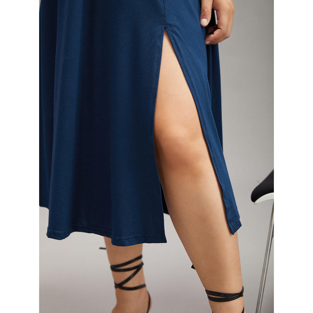 Plus Size Supersoft Essentials Ruched Split Side Dress DarkBlue Women Elegant Plain V-neck Long Sleeve Curvy Midi Dress BloomChic 14-16/1X Product Image