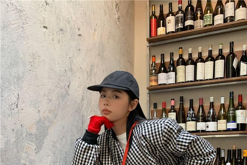 Crew Neck Checker Button Bomber Puffer Jacket Product Image
