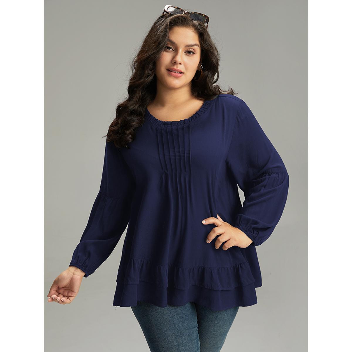 Plus Size Indigo Seam Detail Frill Trim Layered Blouse Women Elegant Long Sleeve Round Neck Dailywear Blouses BloomChic 28/5X Product Image