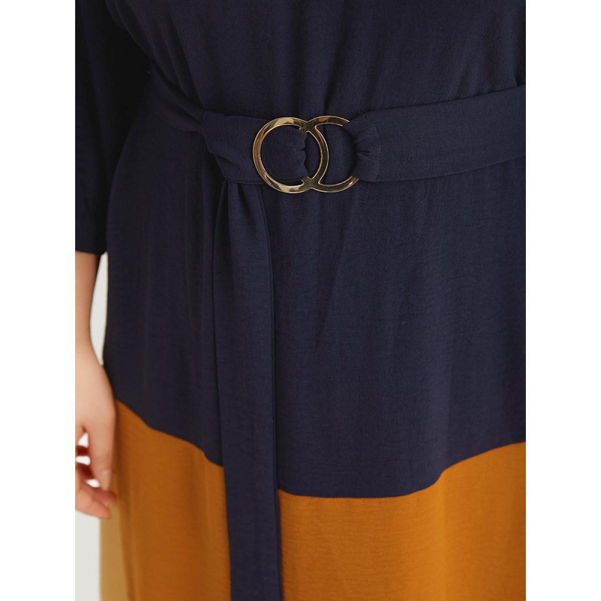 Plus Size Colorblock Contrast Metal Detail Lantern Sleeve Dress Midnight Women Casual Gathered Round Neck Elbow-length sleeve Curvy Midi Dress BloomChic 18-20/2X Product Image