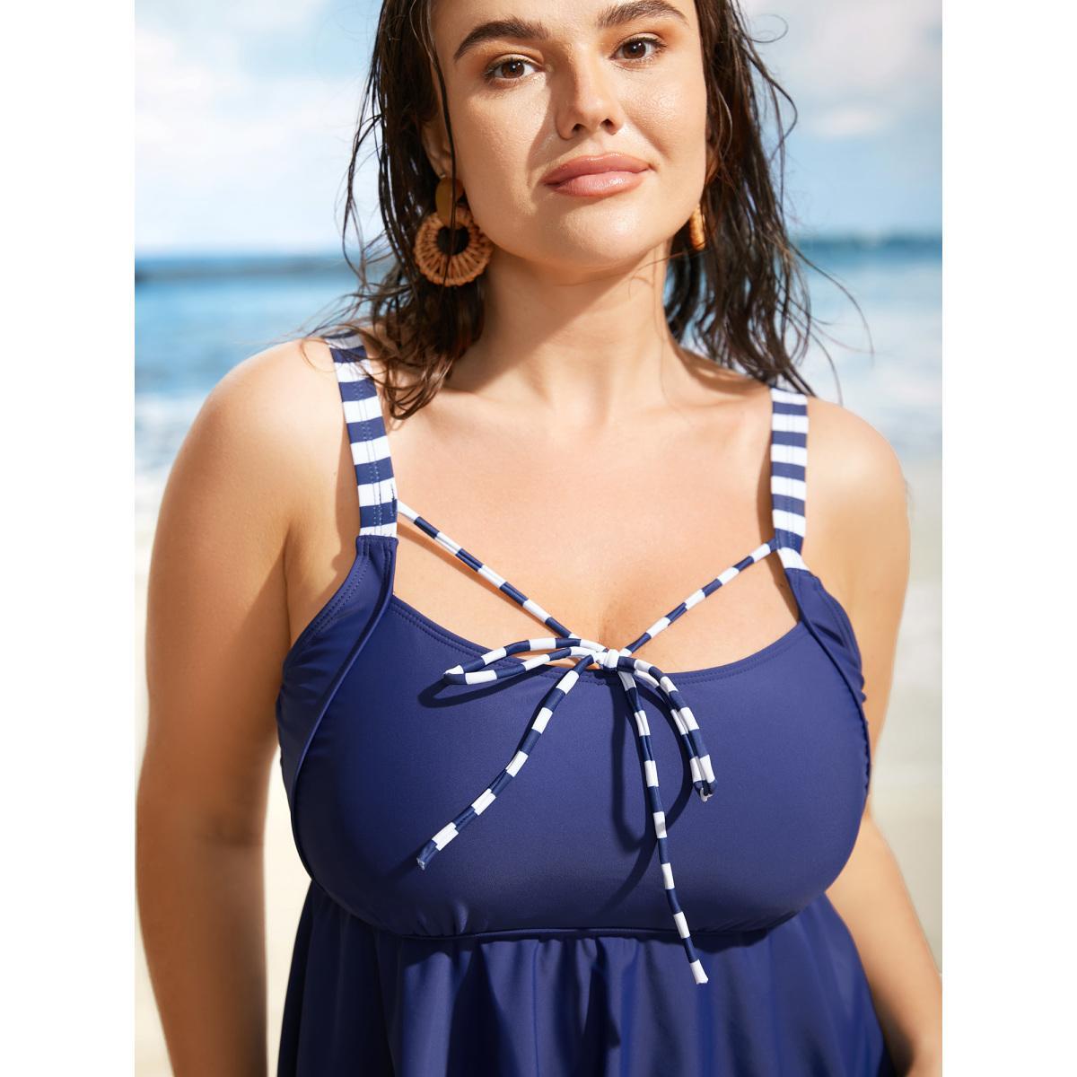 Plus Size Striped Tie Knot High Stretch Gathered Swim Top Women's Swimwear Navy Beach Tie knot High stretch Bodycon Heart neckline Curve Swim Tops BloomChic 30/6X Product Image