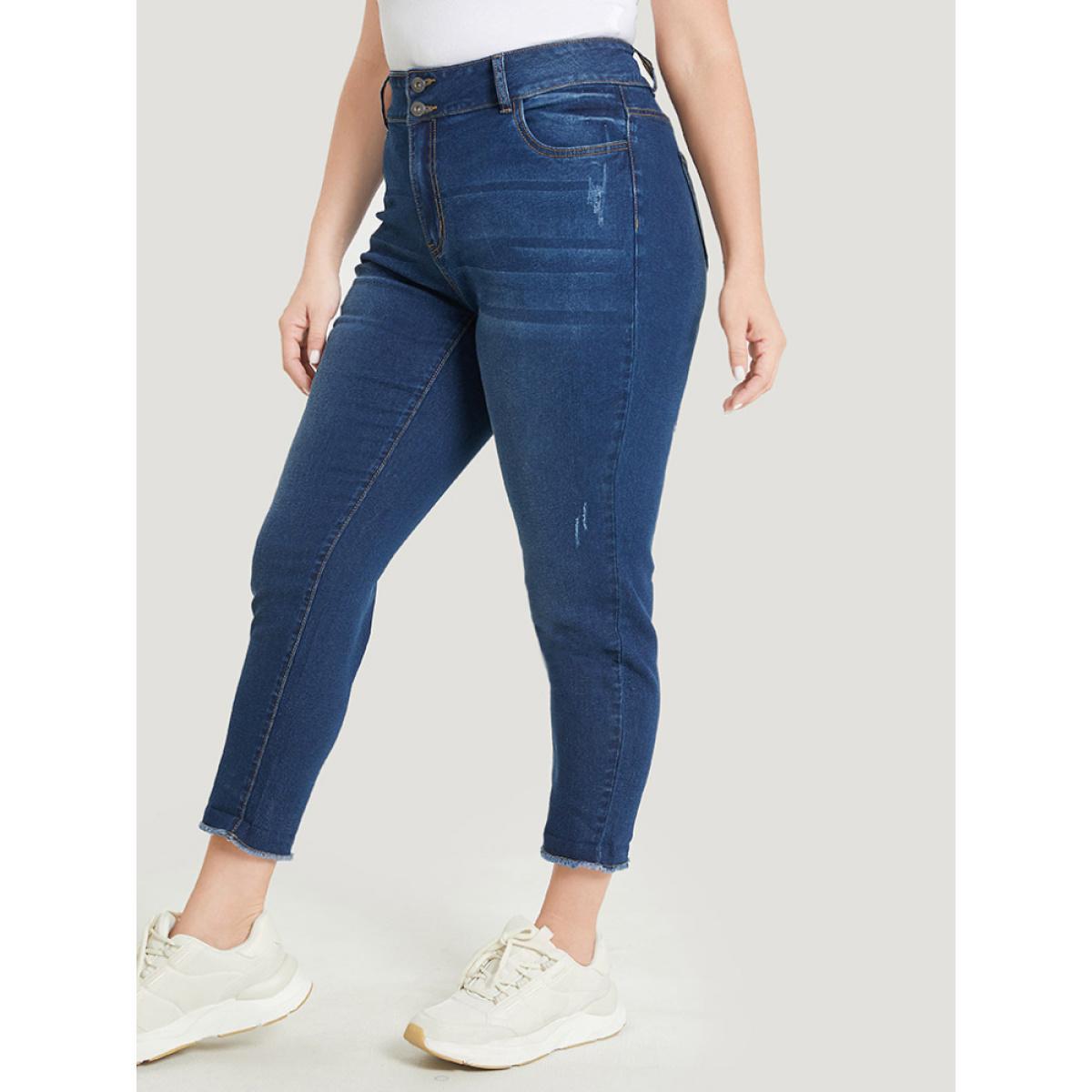 Plus Size Very Stretchy High Rise Distressed Detail Raw Hem Jeans Women Blue Casual Plain High stretch Pocket Jeans BloomChic 18/2X Product Image