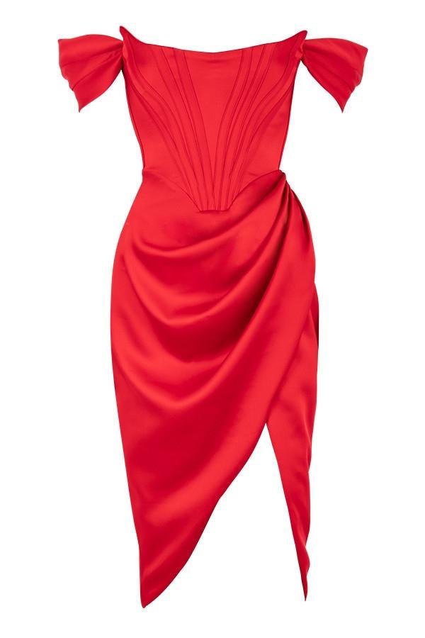 Loretta Red Satin Off Shoulder Dress Product Image