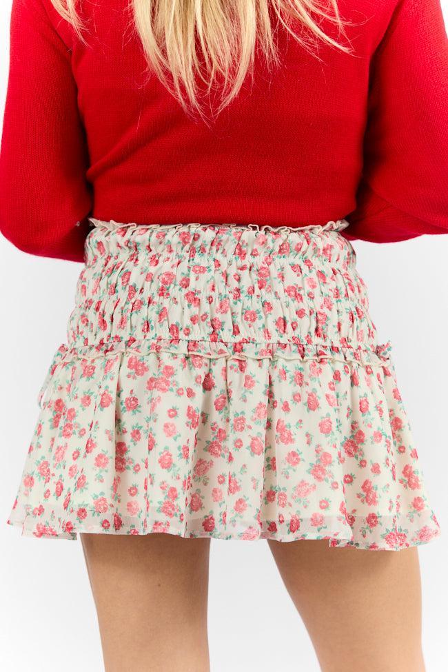 Cross My Path Ivory and Red Drop Smocked Waist Mini Skort FINAL SALE Product Image
