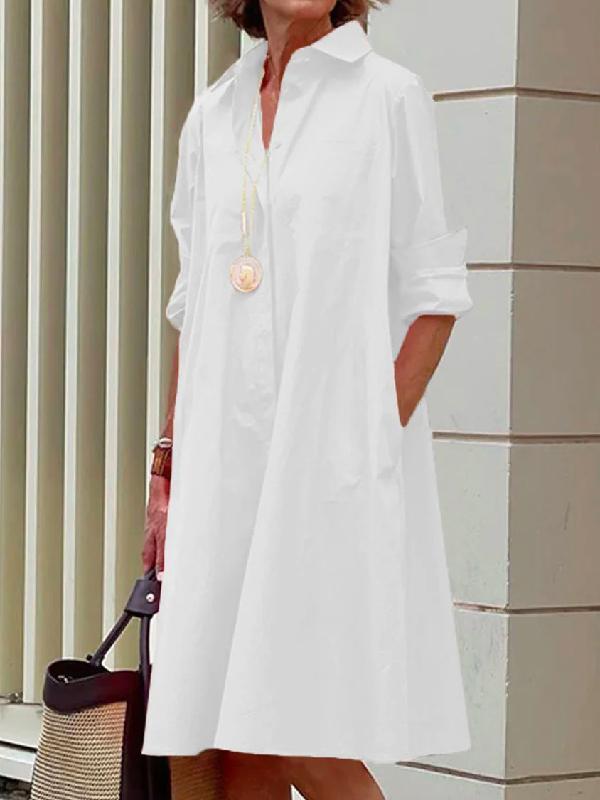 Simple Long Sleeves Solid Color Lapel Midi Dress Product Image