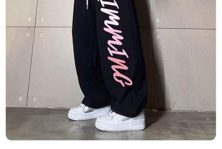 Drawstring Waist Lettering Wide Leg Sweatpants Product Image