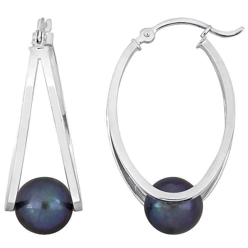 Stella Grace Sterling Silver Dyed Black Freshwater Cultured Pearl Split Oval Hoop Earrings, Womens Product Image
