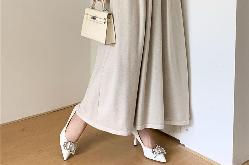 Long-Sleeve Mock Neck Plain Ruched Maxi A-Line Knit Dress Product Image