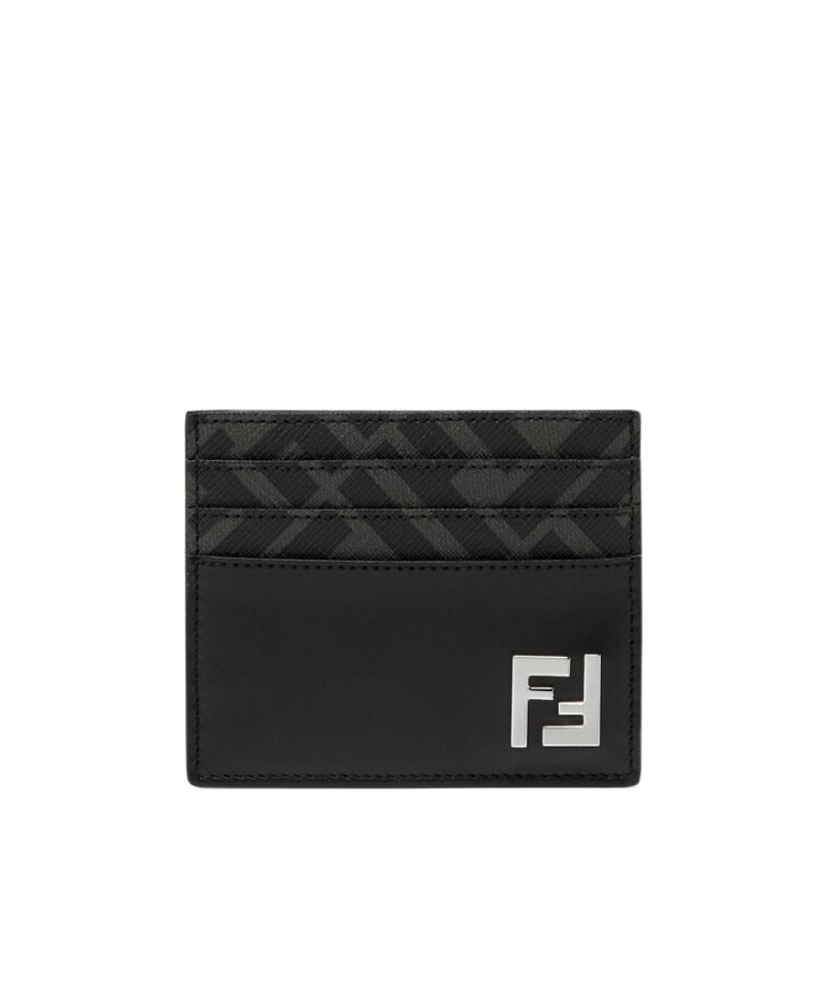 FENDI Brown Card-holder With Squared Ff Motif In Leather And Ff Canvas Man In Ebony Product Image