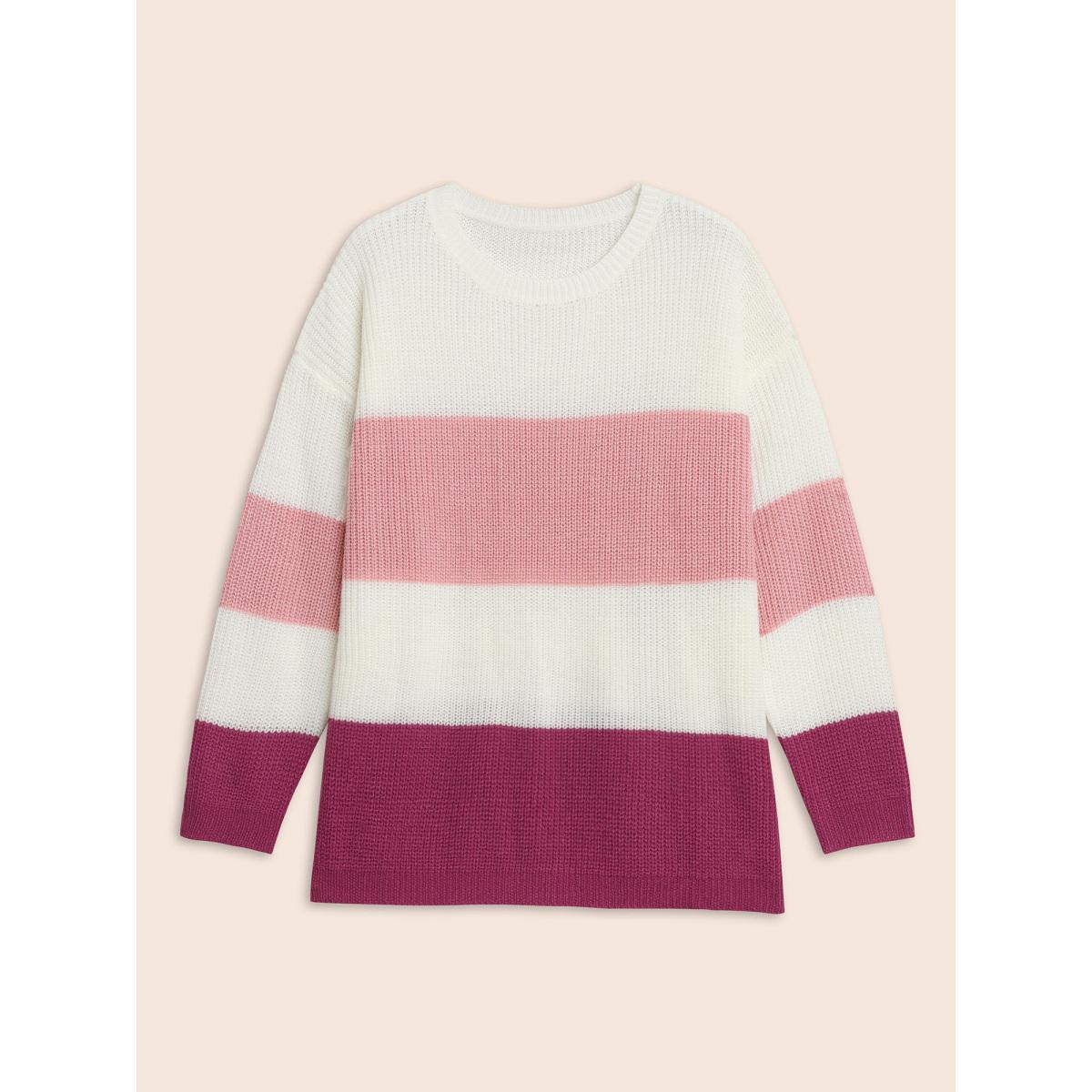 Plus Size Round Neck Colorblock Contrast Pullover RedViolet Women Casual Long Sleeve Round Neck Everyday Pullovers BloomChic 30/6X Product Image