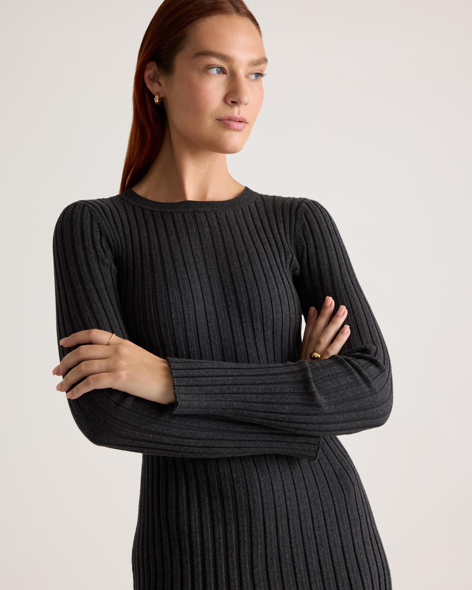 Quince | Women's Cotton Cashmere Ribbed Long Sleeve Crew Midi Dress Size XL Product Image