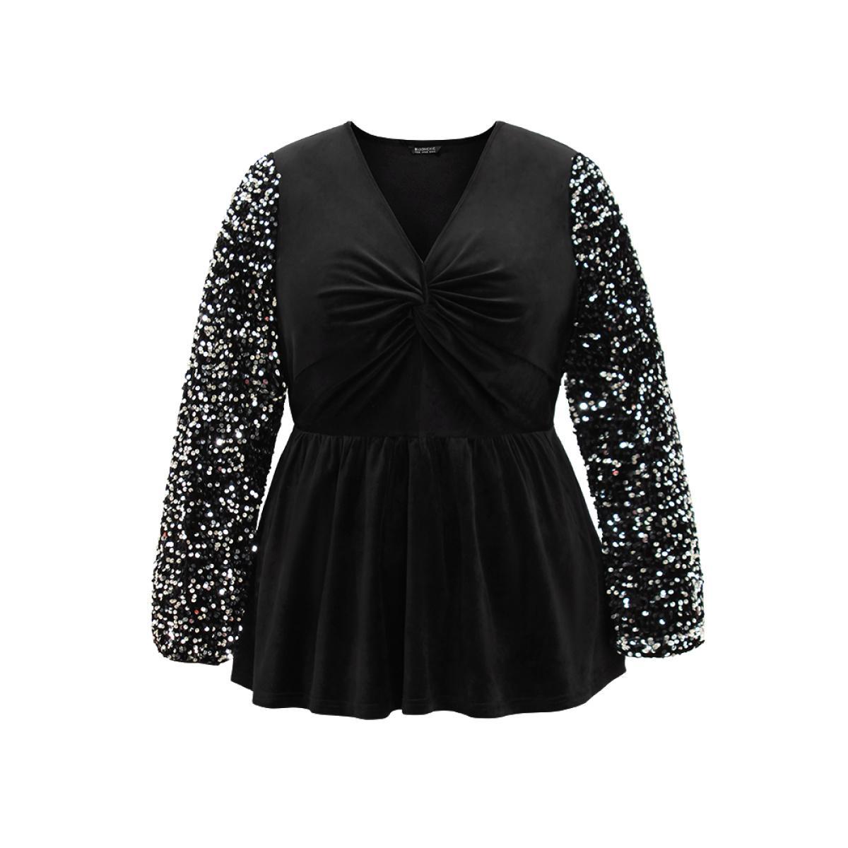 Plus Size Black Patchwork Velvet Twist Front Elastic Waist Sequin Blouse Women Glamour Long Sleeve V-neck Party Blouses BloomChic 12/L Product Image