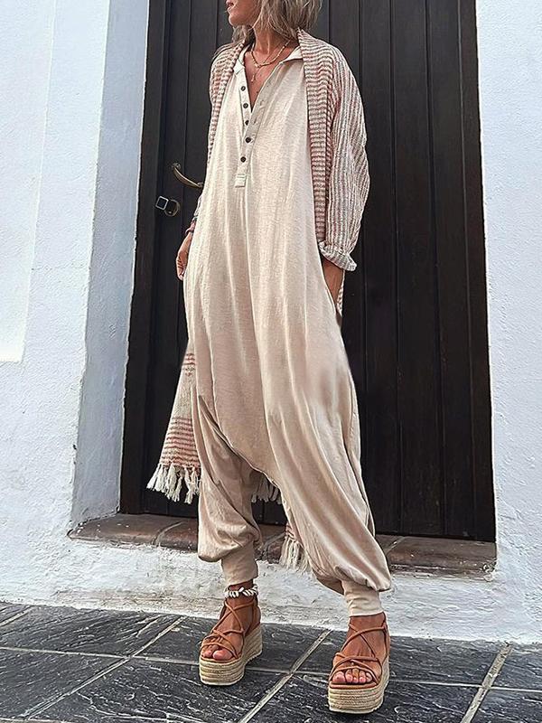 Hooded Loose Buttoned Solid Color V-neck Jumpsuits Product Image