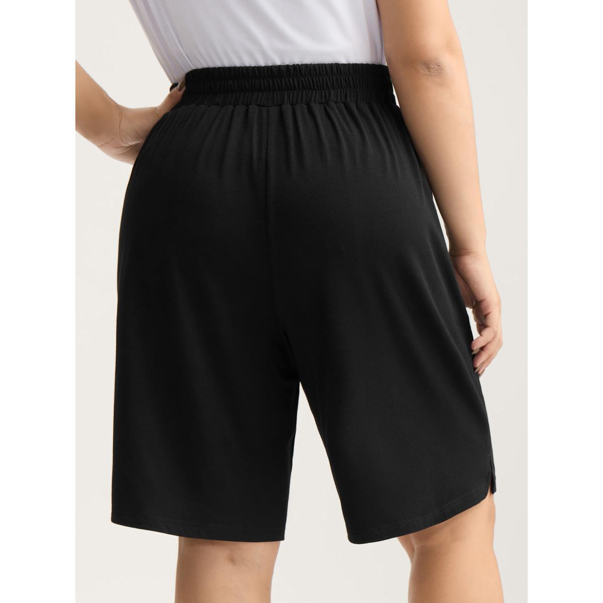 Plus Size Stretchy Slit Straight-Leg Shorts Women Black Casual Slit Straight Leg Everyday-Casual Shorts BloomChic 14-16/1X Product Image