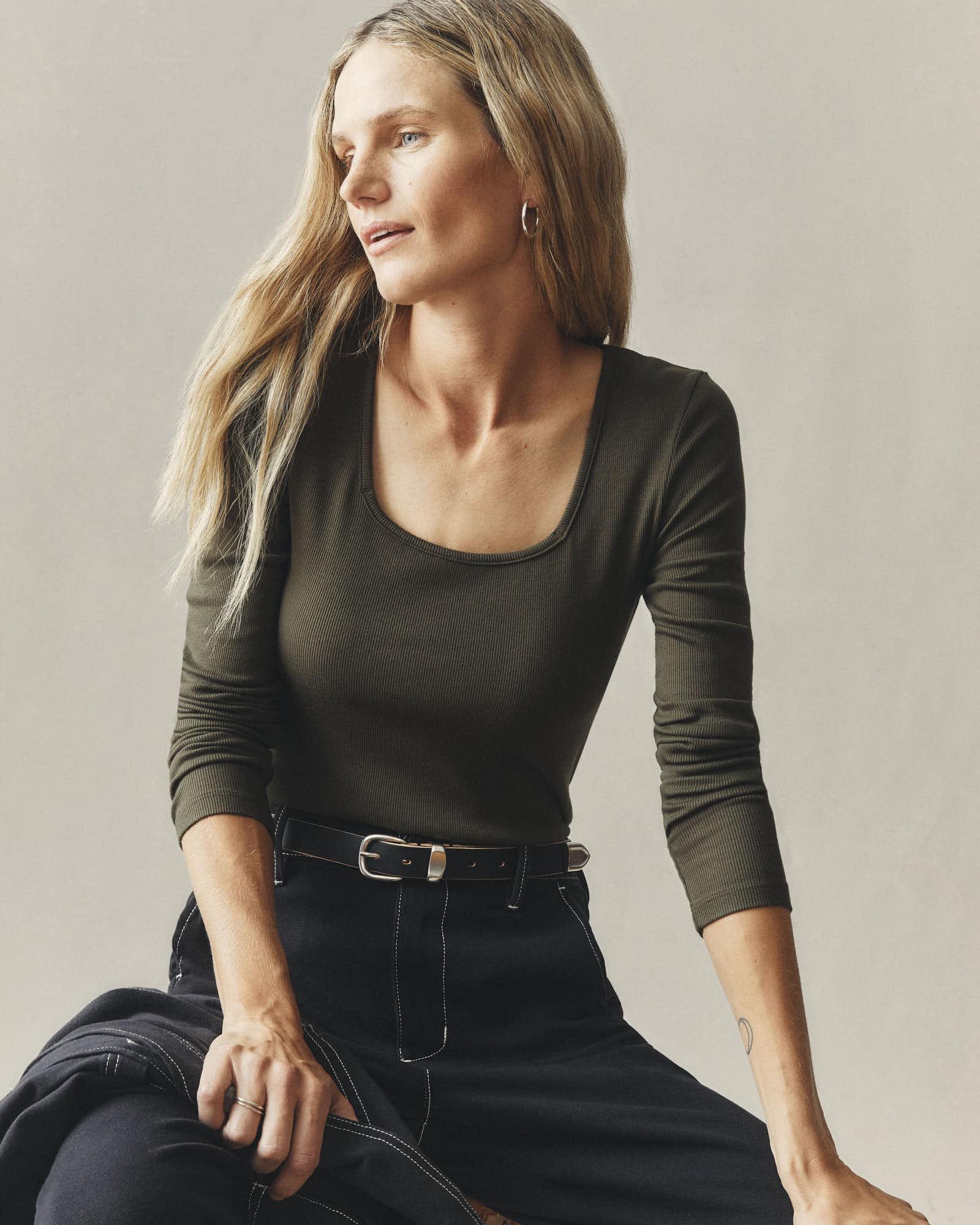Women's Stretch Rib Square Neck Long Sleeve - Deep Olive Female Product Image