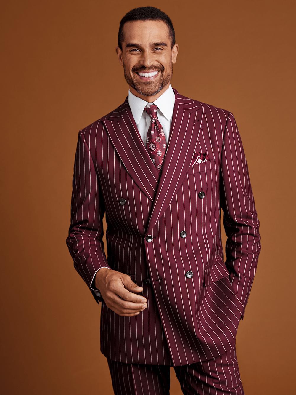 Wool Stretch Stripe Double Breasted Suit Jacket - Burgundy Product Image