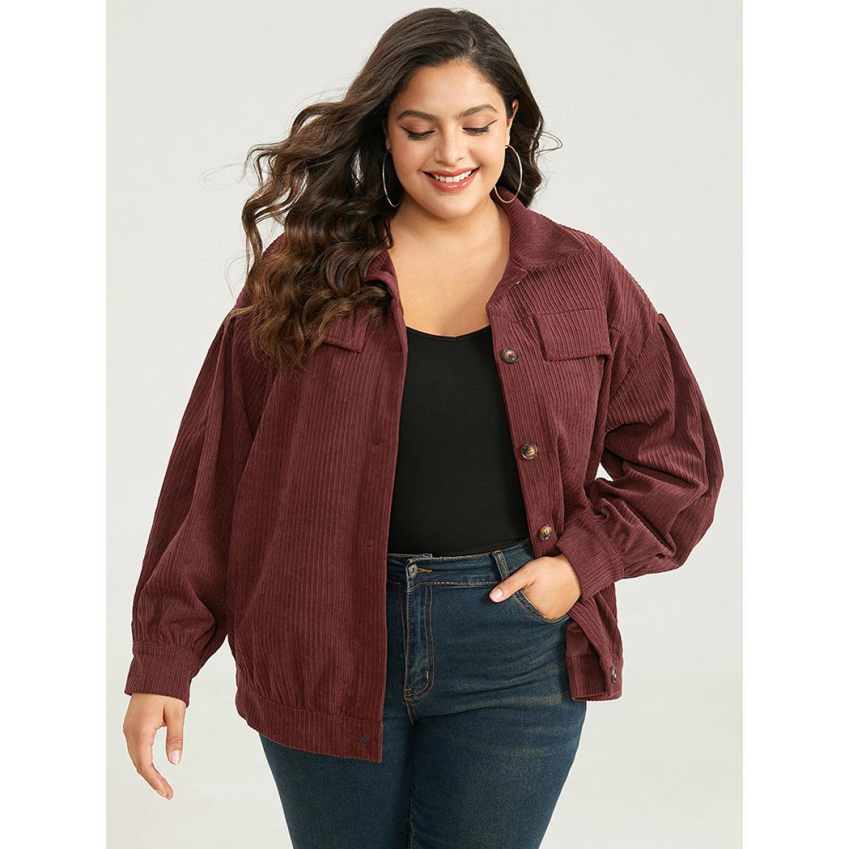 Plus Size Plain Texture Button Through Gathered Jacket Women Maroon Texture Dailywear Jackets BloomChic 18-20/2X Product Image