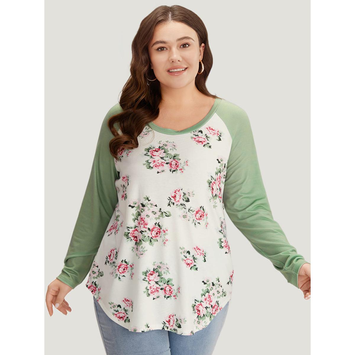 Plus Size Floral Print Contrast Raglan Sleeve T-shirt White Women Elegant Contrast Floral Round Neck Dailywear T-shirts BloomChic 12/L Product Image