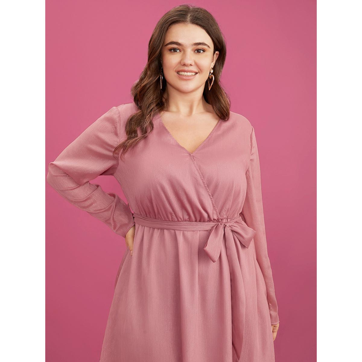Plus Size Solid Pocket Belted Surplice Neck Midi Dress DustyPink Women Elegant Belted V-neck Long Sleeve Curvy Midi Dress BloomChic 12/L Product Image