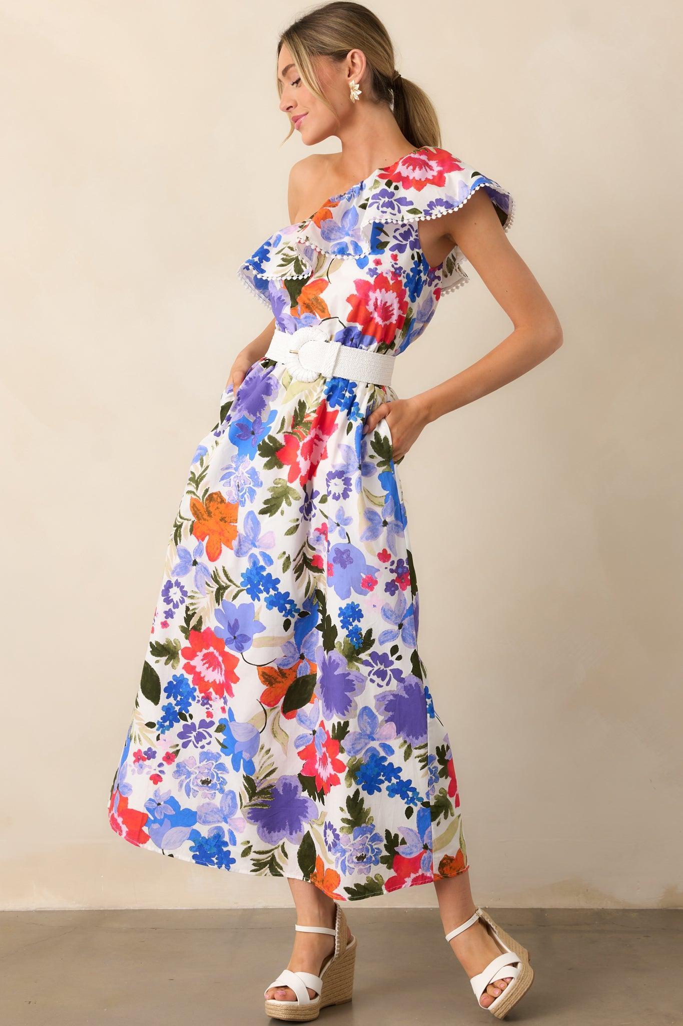 So Magnetic Blue Floral Cotton One Shoulder Maxi Dress Product Image
