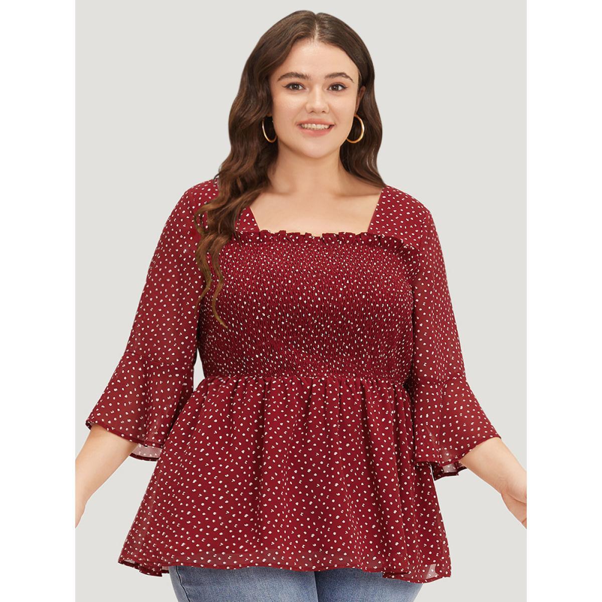 Plus Size Scarlet Leopard Print Frill Trim Shirred Mesh Square Neck Blouse Women Elegant Elbow-length sleeve Square Neck Dailywear Blouses BloomChic 14-16/1X Product Image