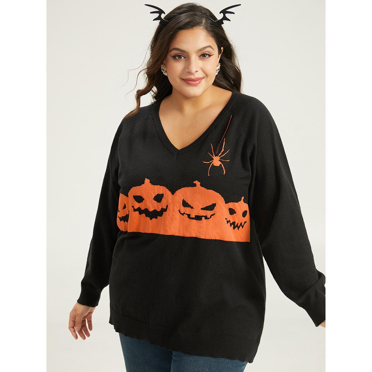Plus Size Halloween Graphic Pumpkin V Neck Pullover Black Women Casual Loose Long Sleeve V-neck Dailywear Pullovers BloomChic 22-24/3X Product Image