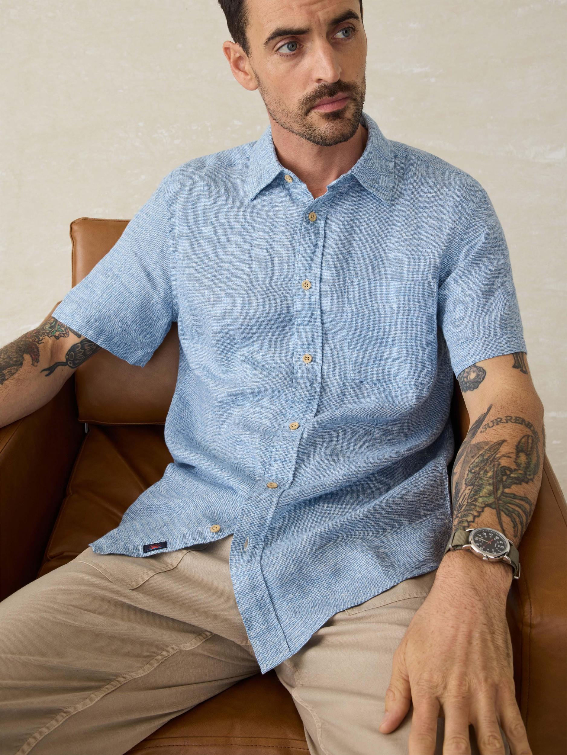 Short-Sleeve Palma Linen Shirt - Blue Basketweave Male Product Image