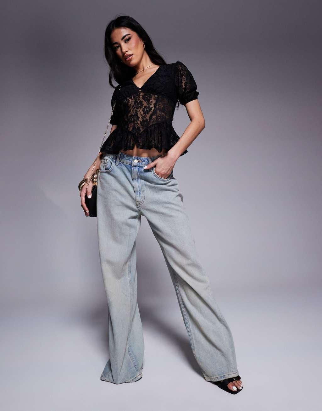 ASOS DESIGN lace puff sleeve seam detail top in black Product Image