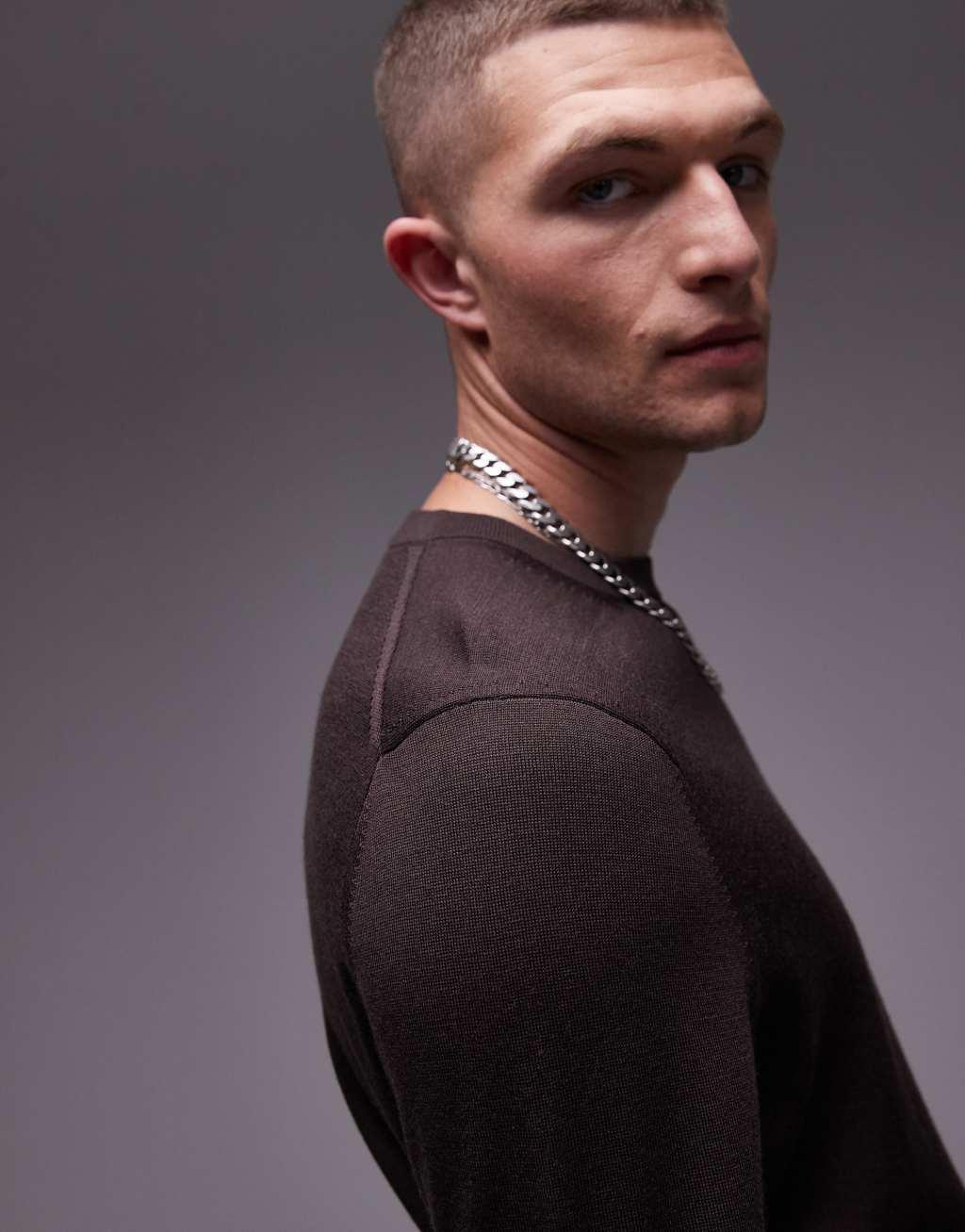 ARKET merino wool sweater with crew neck in brown Product Image