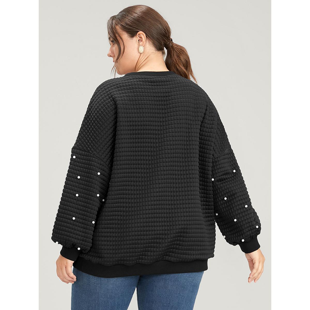 Plus Size Solid Texture Pearls Beaded Sweatshirt Women Black Party Beaded Round Neck Going out Sweatshirts BloomChic 28/5X Product Image