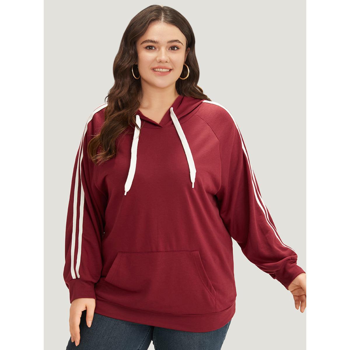 Plus Size Contrast Seam Detail Drawstring Pocket Hooded Raglan Sleeve Sweatshirt Women Red Casual Elastic cuffs Hooded Dailywear Sweatshirts BloomChic 10/M Product Image