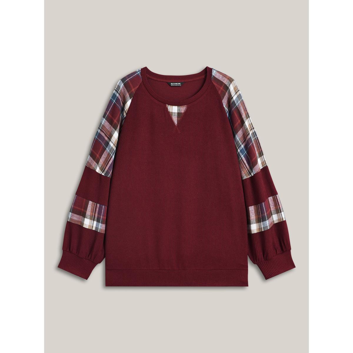 Plus Size Plaid Patchwork Raglan Sleeve Sweatshirt Women Burgundy Casual Texture Round Neck Everyday Sweatshirts BloomChic 18-20/2X Product Image
