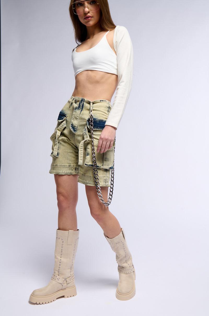 CAPRICE DISTRESSED DENIM CARGO CONVERTIBLE ZIP OFF PANT Product Image