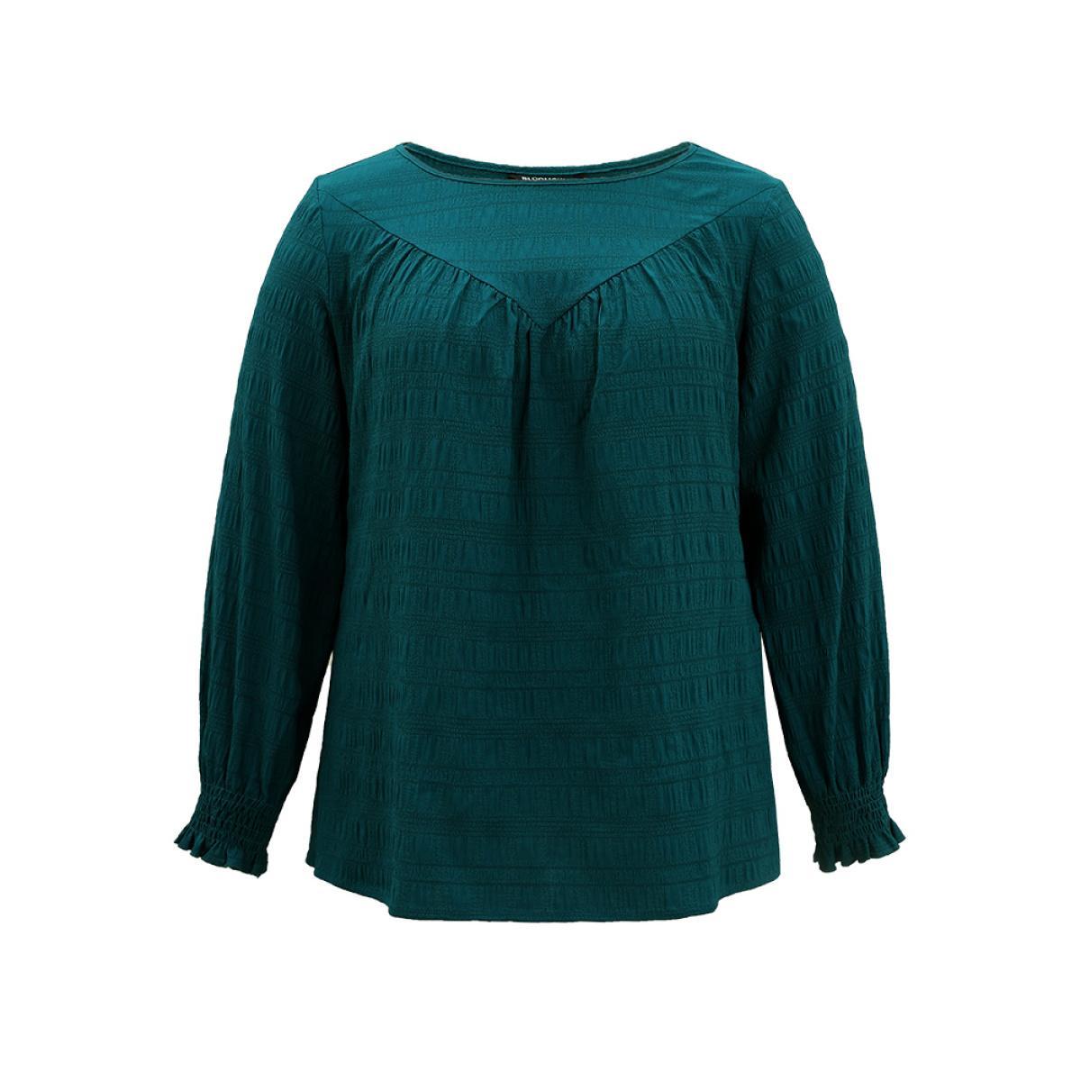 Plus Size Cyan Plain Textured Shirred Gathered Blouse Women Elegant Long Sleeve Round Neck Dailywear Blouses BloomChic 26/4X Product Image